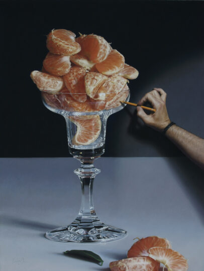 Pintando Mandarinas en cristal de Bohemia. — Pastel sobre Pastelmat. 93x70 cm